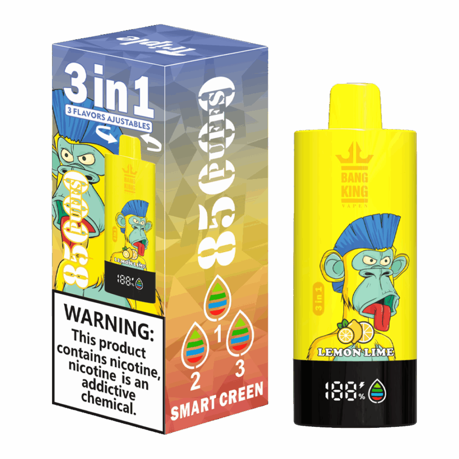 The Bang King Triple 85K Puffs Vape features 3 adjustable flavors, a 63mL capacity, and a triple mesh coil. With 4 nicotine levels, LED display, and Type-C charging, it offers long-lasting, flavorful, and customizable vaping.