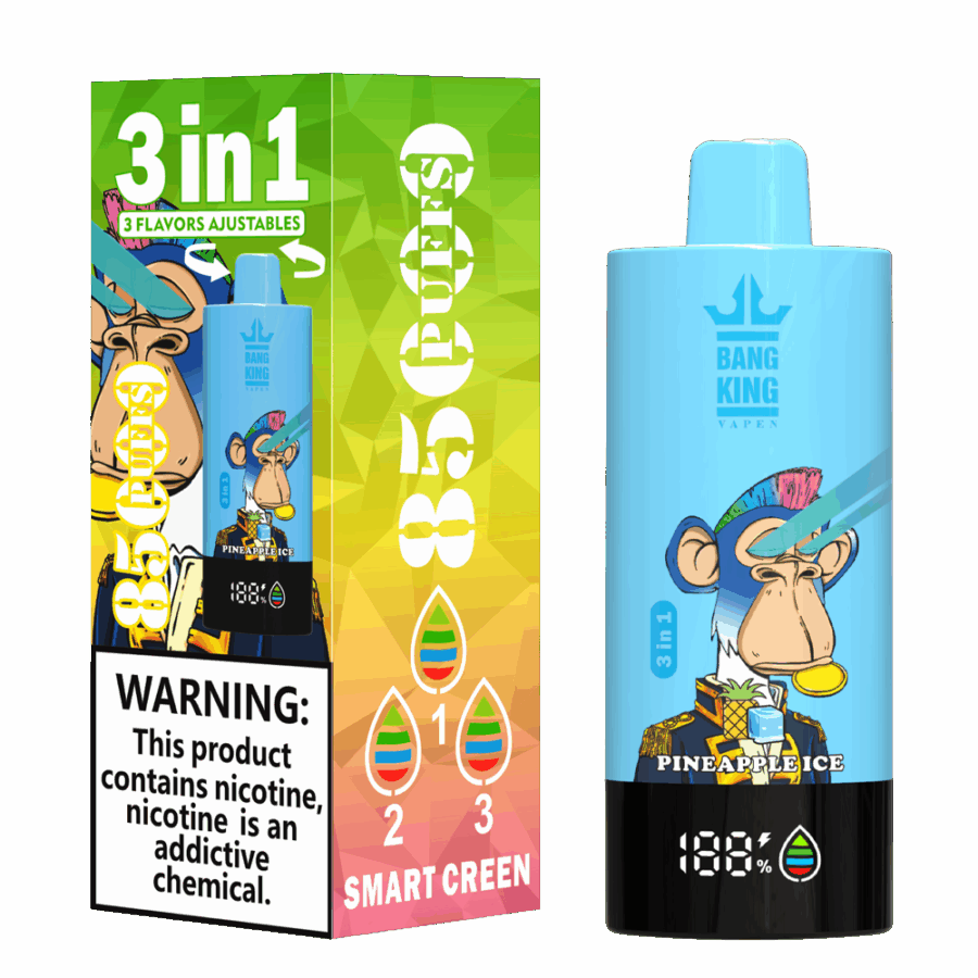 The Bang King Triple 85K Puffs Vape features 3 adjustable flavors, a 63mL capacity, and a triple mesh coil. With 4 nicotine levels, LED display, and Type-C charging, it offers long-lasting, flavorful, and customizable vaping.