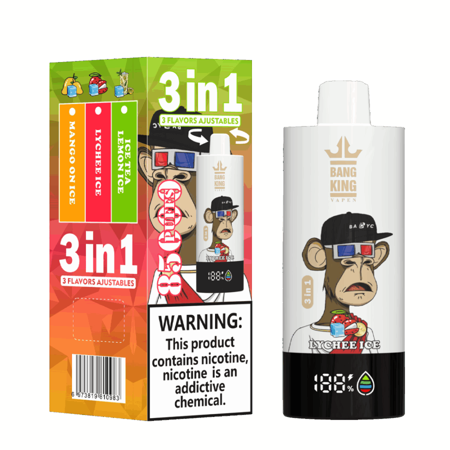 The Bang King Triple 85K Puffs Vape features 3 adjustable flavors, a 63mL capacity, and a triple mesh coil. With 4 nicotine levels, LED display, and Type-C charging, it offers long-lasting, flavorful, and customizable vaping.
