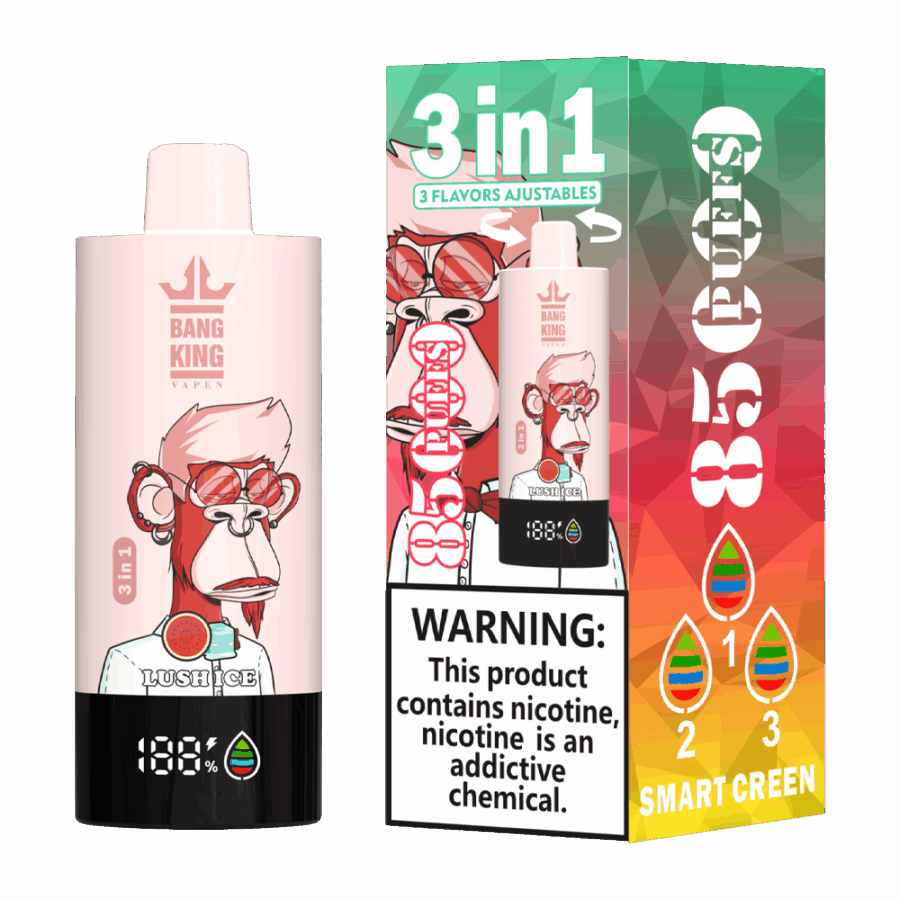 The Bang King Triple 85K Puffs Vape features 3 adjustable flavors, a 63mL capacity, and a triple mesh coil. With 4 nicotine levels, LED display, and Type-C charging, it offers long-lasting, flavorful, and customizable vaping.