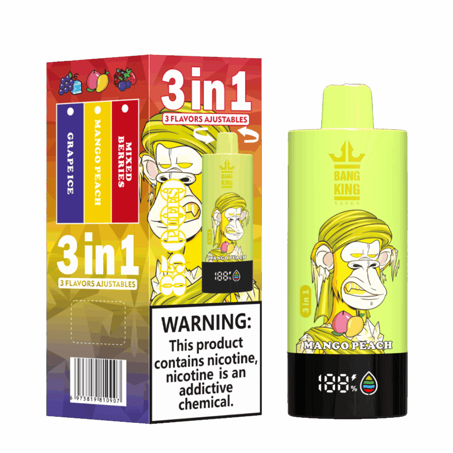 The Bang King Triple 85K Puffs Vape features 3 adjustable flavors, a 63mL capacity, and a triple mesh coil. With 4 nicotine levels, LED display, and Type-C charging, it offers long-lasting, flavorful, and customizable vaping.