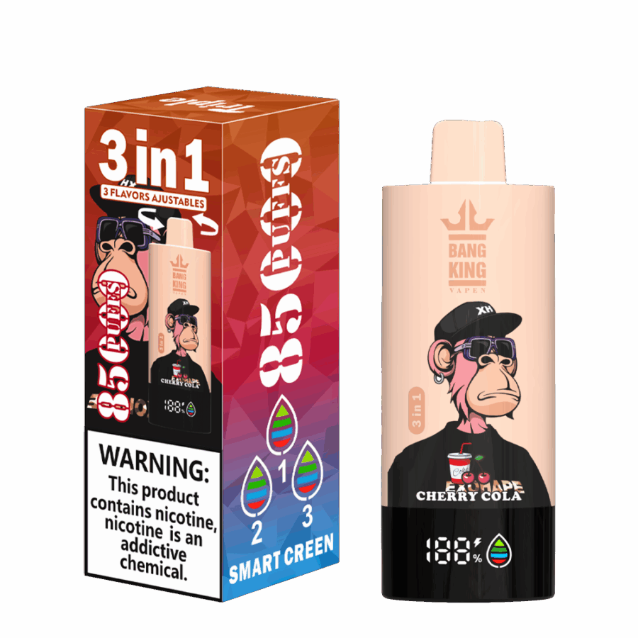 The Bang King Triple 85K Puffs Vape features 3 adjustable flavors, a 63mL capacity, and a triple mesh coil. With 4 nicotine levels, LED display, and Type-C charging, it offers long-lasting, flavorful, and customizable vaping.