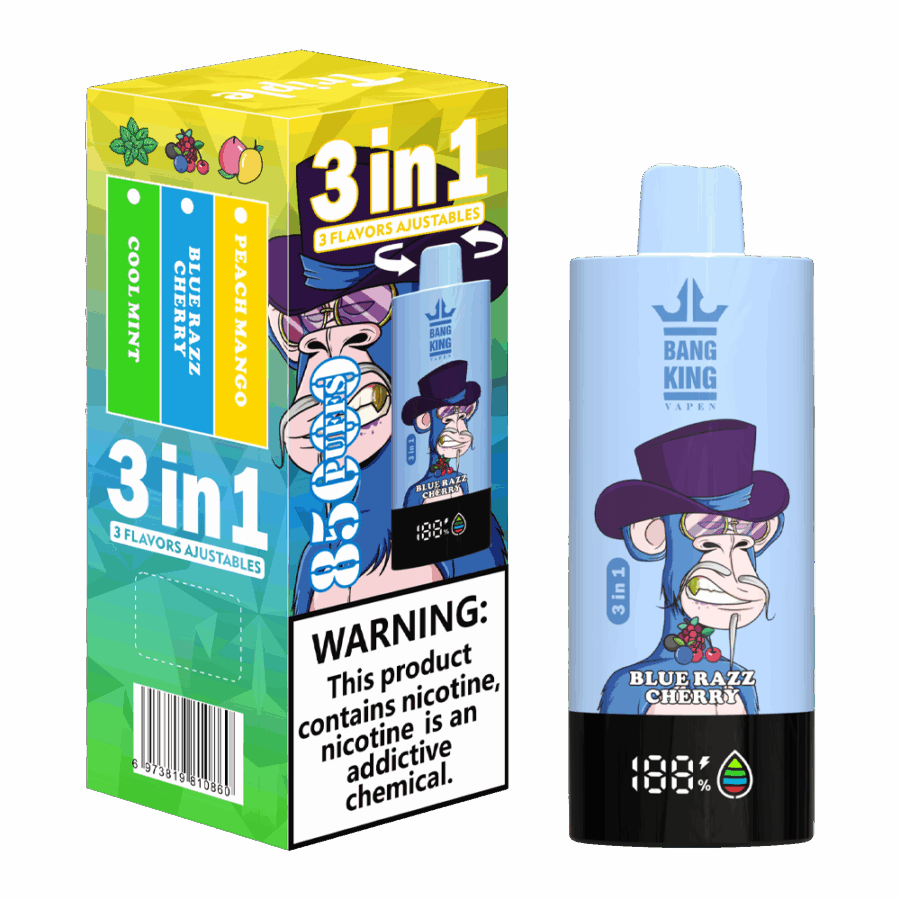 The Bang King Triple 85K Puffs Vape features 3 adjustable flavors, a 63mL capacity, and a triple mesh coil. With 4 nicotine levels, LED display, and Type-C charging, it offers long-lasting, flavorful, and customizable vaping.