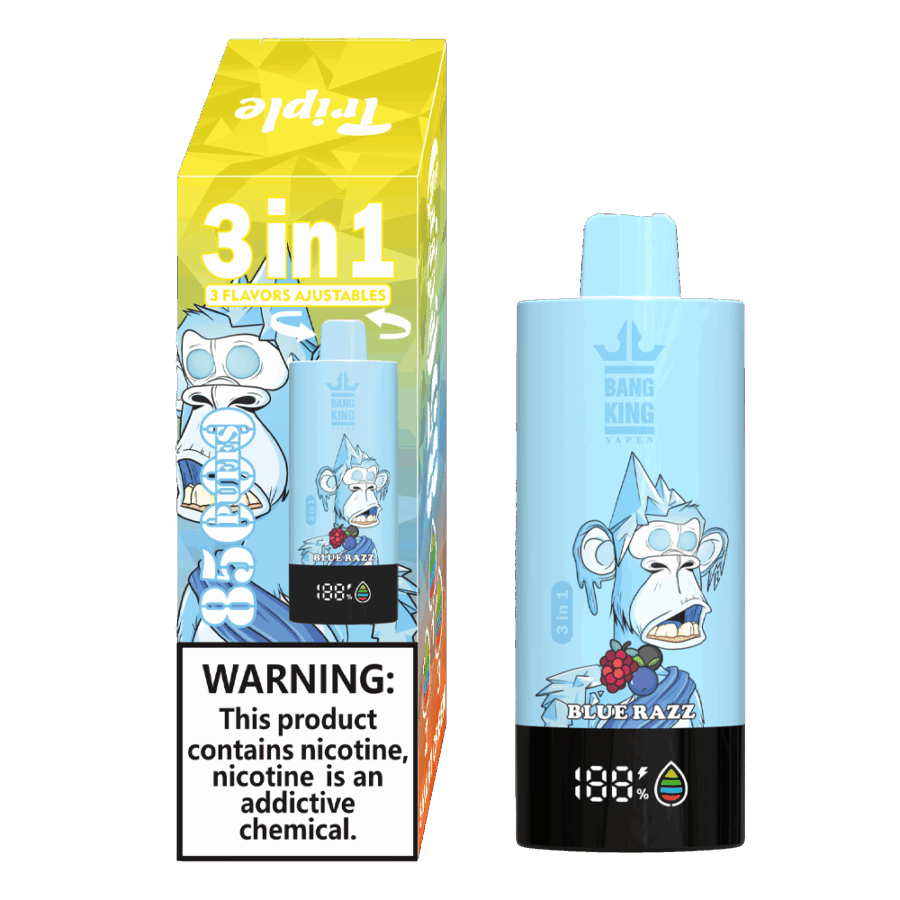 The Bang King Triple 85K Puffs Vape features 3 adjustable flavors, a 63mL capacity, and a triple mesh coil. With 4 nicotine levels, LED display, and Type-C charging, it offers long-lasting, flavorful, and customizable vaping.