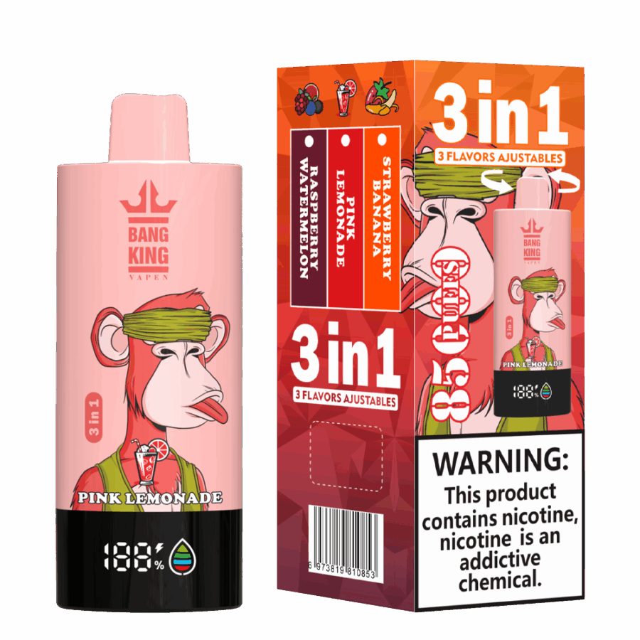 The Bang King Triple 85K Puffs Vape features 3 adjustable flavors, a 63mL capacity, and a triple mesh coil. With 4 nicotine levels, LED display, and Type-C charging, it offers long-lasting, flavorful, and customizable vaping.