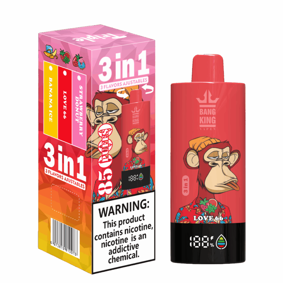 The Bang King Triple 85K Puffs Vape features 3 adjustable flavors, a 63mL capacity, and a triple mesh coil. With 4 nicotine levels, LED display, and Type-C charging, it offers long-lasting, flavorful, and customizable vaping.