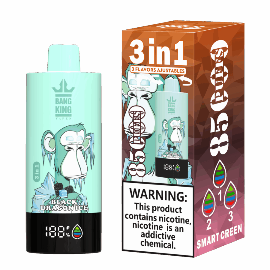 The Bang King Triple 85K Puffs Vape features 3 adjustable flavors, a 63mL capacity, and a triple mesh coil. With 4 nicotine levels, LED display, and Type-C charging, it offers long-lasting, flavorful, and customizable vaping.