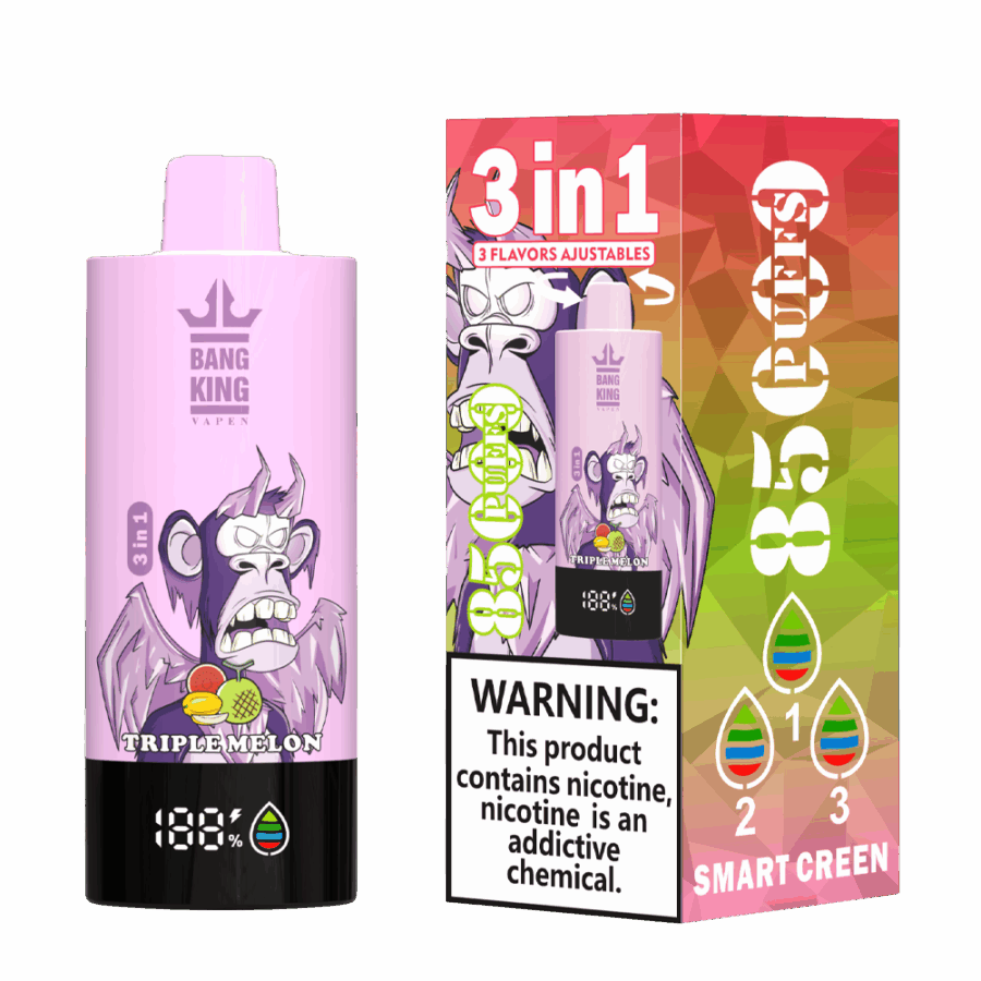 The Bang King Triple 85K Puffs Vape features 3 adjustable flavors, a 63mL capacity, and a triple mesh coil. With 4 nicotine levels, LED display, and Type-C charging, it offers long-lasting, flavorful, and customizable vaping.