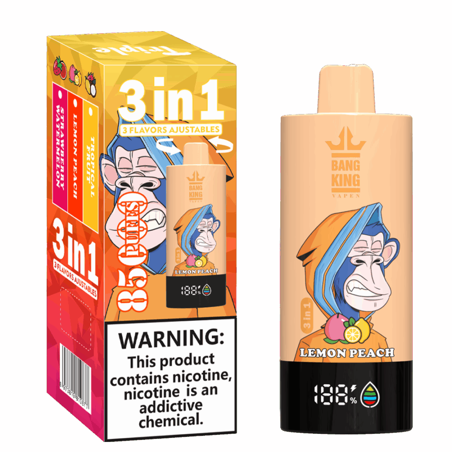 The Bang King Triple 85K Puffs Vape features 3 adjustable flavors, a 63mL capacity, and a triple mesh coil. With 4 nicotine levels, LED display, and Type-C charging, it offers long-lasting, flavorful, and customizable vaping.