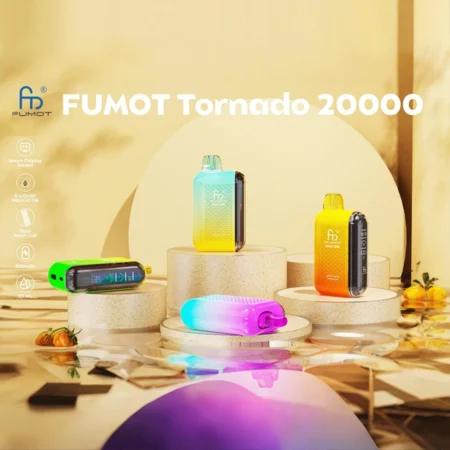 RandM Fumot Tornado 20K Puffs Vape offers 2%-5% nicotine, 20,000 puffs, 20mL e-liquid, dual mesh coil, smart screen, fast Type-C charging, and 39 flavors in a convenient 10-pack for lasting, flavorful vaping.