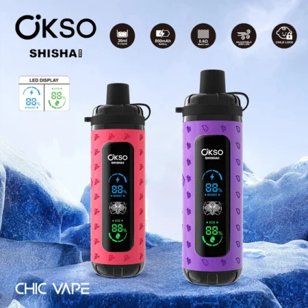 El vaporizador desechable OKSO Shisha Max 40K Puffs ofrece 40 000 bocanadas, 36 ml de líquido electrónico, bobina de malla, pantalla LED, carga tipo C, flujo de aire ajustable, control de potencia y 10 sabores en un diseño seguro para niños.