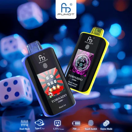 The RandM Fumot Tornado 25K offers 25,000 puffs, dual mesh coil, 700mAh battery, touch screen, and Type-C fast charging, with 26 flavors and adjustable power, delivering smooth, long-lasting, and customizable vaping.