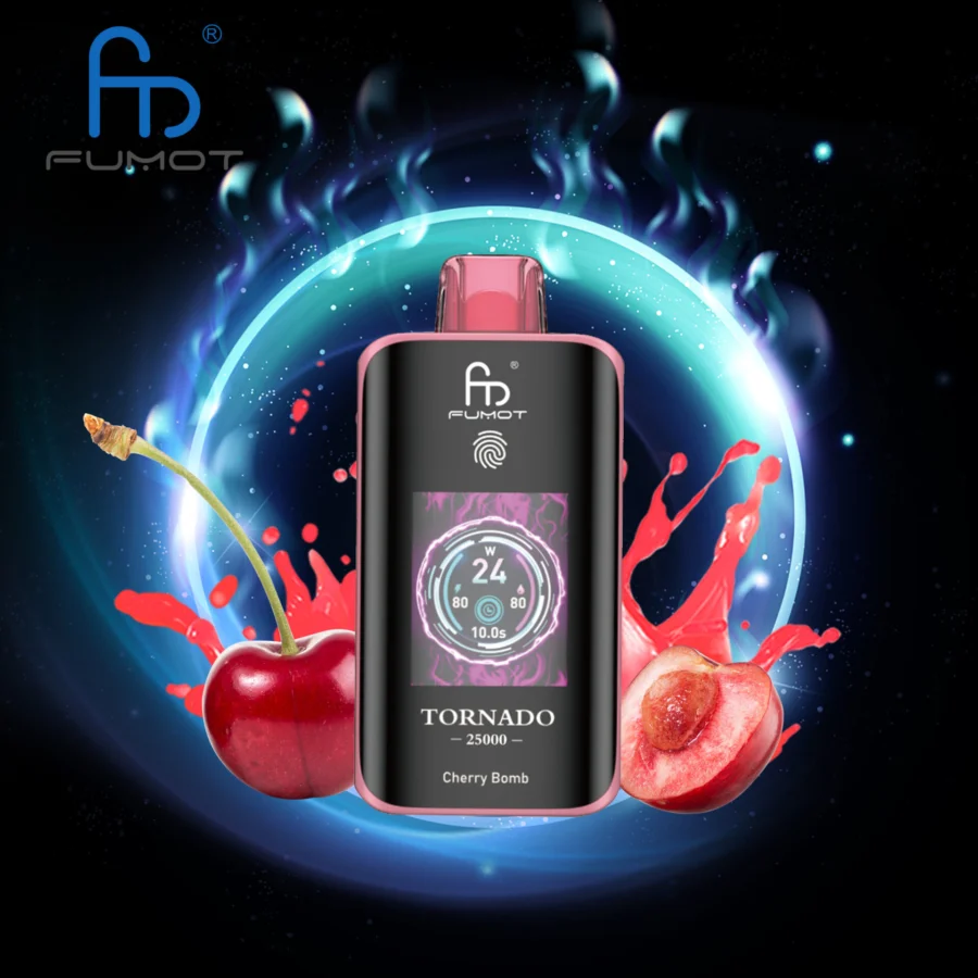 The RandM Fumot Tornado 25K offers 25,000 puffs, dual mesh coil, 700mAh battery, touch screen, and Type-C fast charging, with 26 flavors and adjustable power, delivering smooth, long-lasting, and customizable vaping.