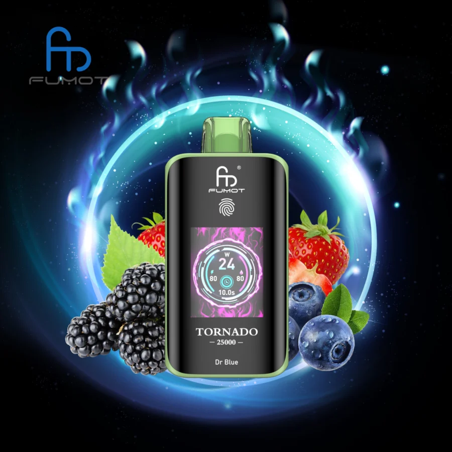The RandM Fumot Tornado 25K offers 25,000 puffs, dual mesh coil, 700mAh battery, touch screen, and Type-C fast charging, with 26 flavors and adjustable power, delivering smooth, long-lasting, and customizable vaping.