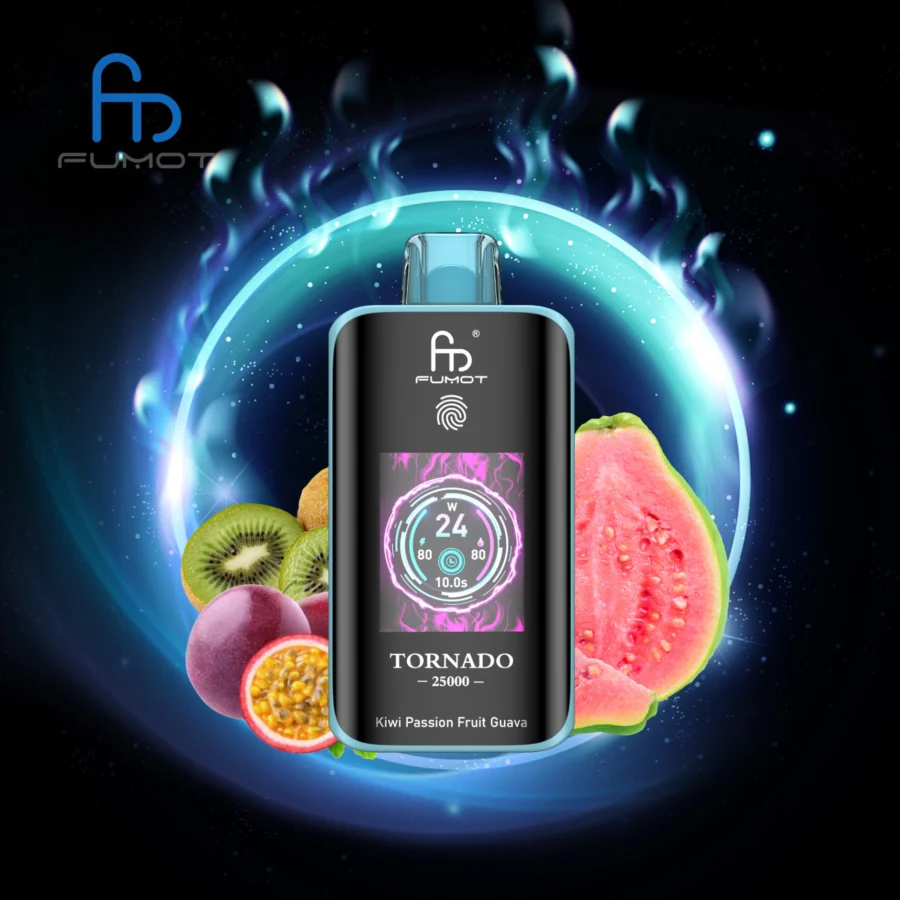 The RandM Fumot Tornado 25K offers 25,000 puffs, dual mesh coil, 700mAh battery, touch screen, and Type-C fast charging, with 26 flavors and adjustable power, delivering smooth, long-lasting, and customizable vaping.