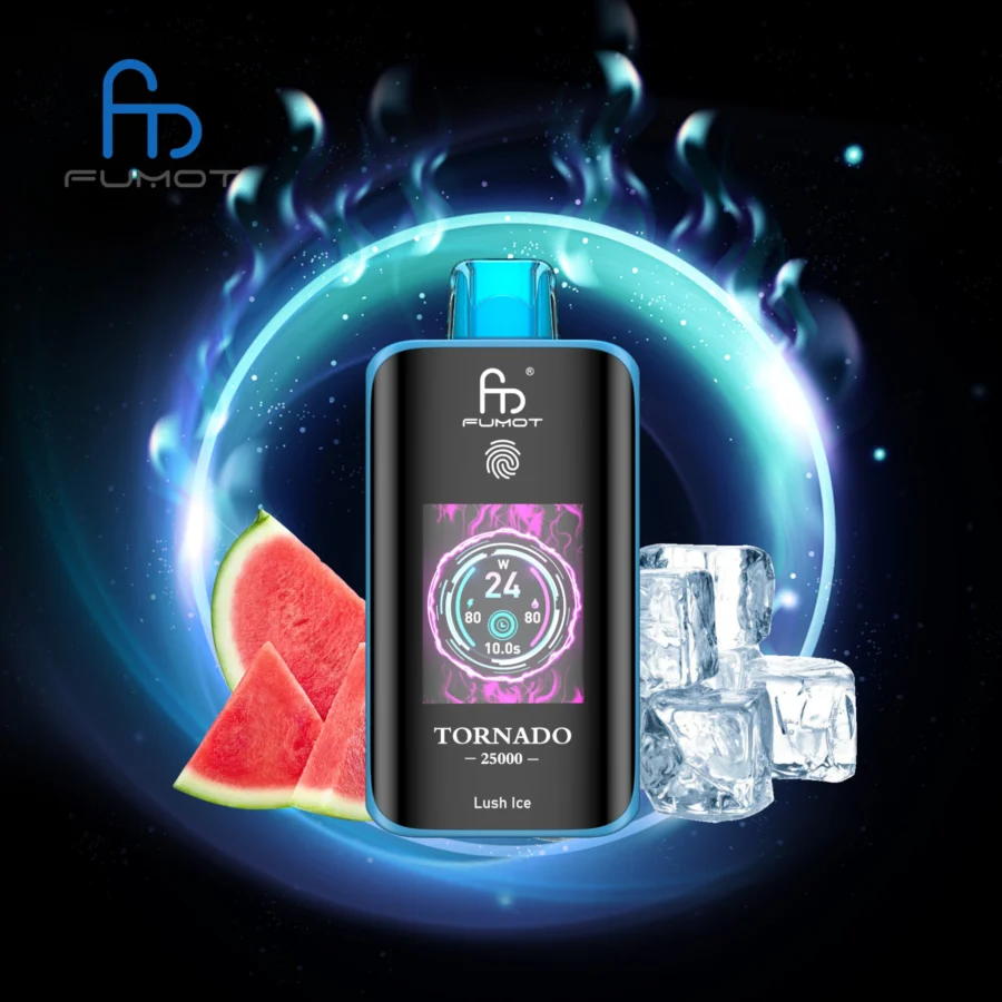 The RandM Fumot Tornado 25K offers 25,000 puffs, dual mesh coil, 700mAh battery, touch screen, and Type-C fast charging, with 26 flavors and adjustable power, delivering smooth, long-lasting, and customizable vaping.