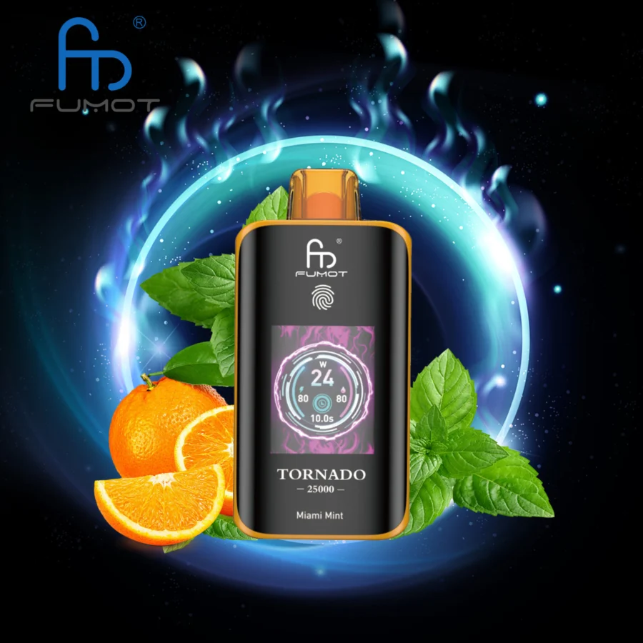 The RandM Fumot Tornado 25K offers 25,000 puffs, dual mesh coil, 700mAh battery, touch screen, and Type-C fast charging, with 26 flavors and adjustable power, delivering smooth, long-lasting, and customizable vaping.
