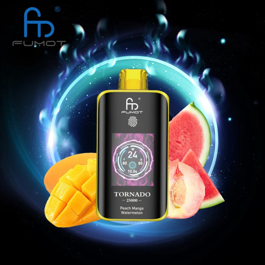 The RandM Fumot Tornado 25K offers 25,000 puffs, dual mesh coil, 700mAh battery, touch screen, and Type-C fast charging, with 26 flavors and adjustable power, delivering smooth, long-lasting, and customizable vaping.