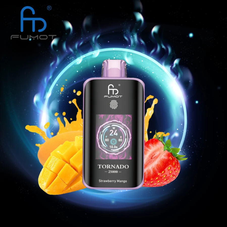 The RandM Fumot Tornado 25K offers 25,000 puffs, dual mesh coil, 700mAh battery, touch screen, and Type-C fast charging, with 26 flavors and adjustable power, delivering smooth, long-lasting, and customizable vaping.