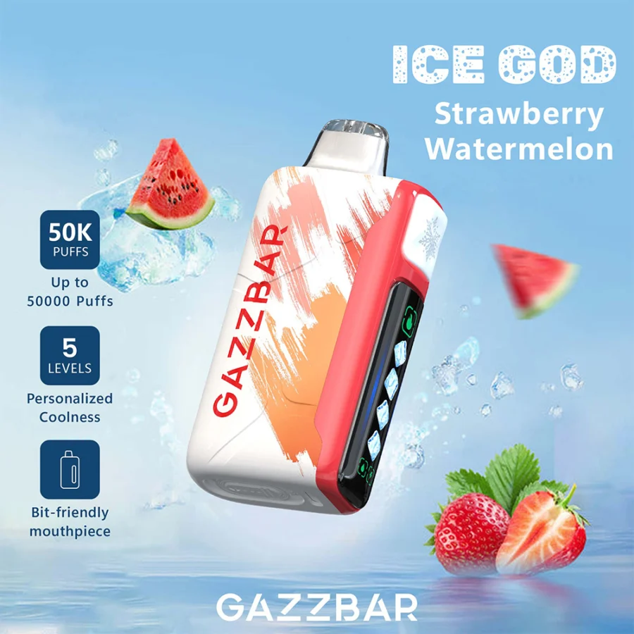 Gazzbar Ice God 50000 puffs vape delivers up to 50,000 puffs with 5% nicotine, triple mesh coil, adjustable ice, airflow, and power. Features LED display, Type-C charging, and 20 unique flavors.