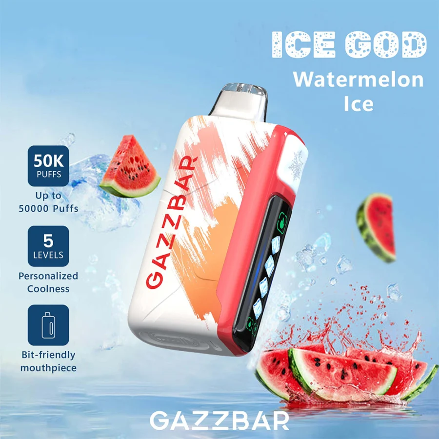 Gazzbar Ice God 50000 puffs vape delivers up to 50,000 puffs with 5% nicotine, triple mesh coil, adjustable ice, airflow, and power. Features LED display, Type-C charging, and 20 unique flavors.
