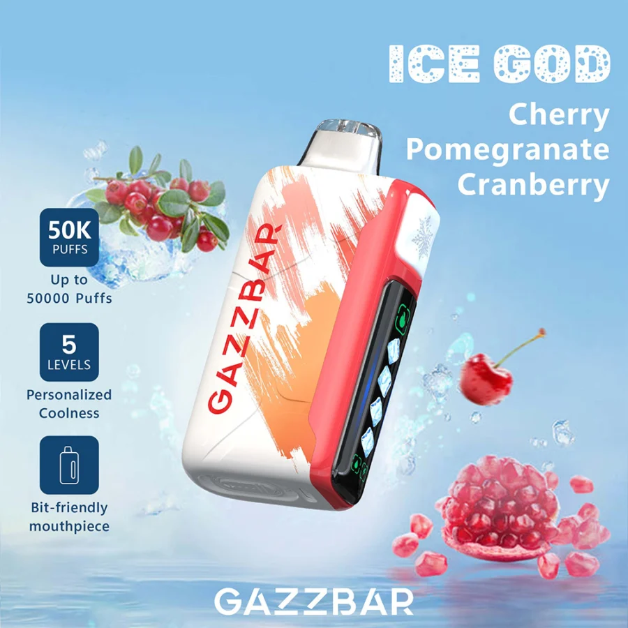Gazzbar Ice God 50000 puffs vape delivers up to 50,000 puffs with 5% nicotine, triple mesh coil, adjustable ice, airflow, and power. Features LED display, Type-C charging, and 20 unique flavors.