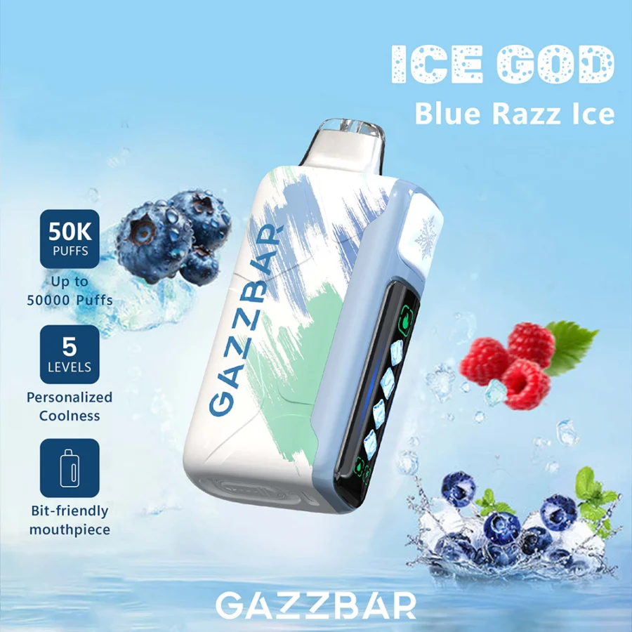 Gazzbar Ice God 50000 puffs vape delivers up to 50,000 puffs with 5% nicotine, triple mesh coil, adjustable ice, airflow, and power. Features LED display, Type-C charging, and 20 unique flavors.