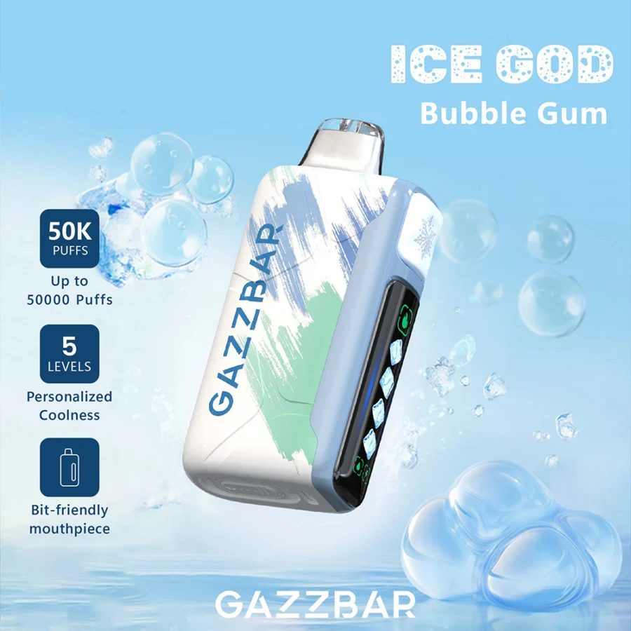Gazzbar Ice God 50000 puffs vape delivers up to 50,000 puffs with 5% nicotine, triple mesh coil, adjustable ice, airflow, and power. Features LED display, Type-C charging, and 20 unique flavors.