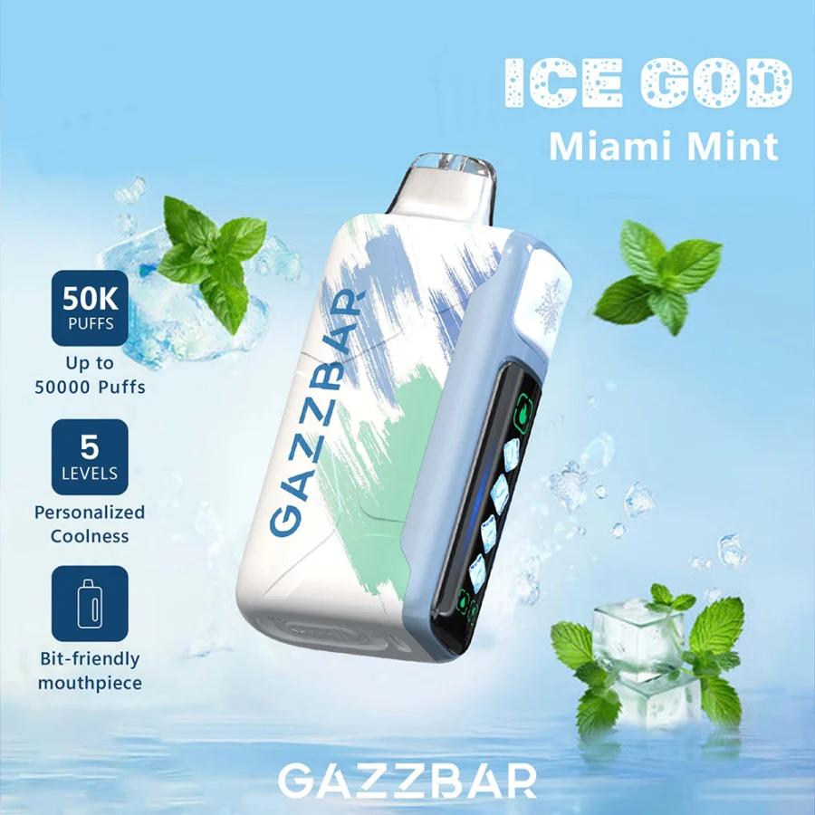Gazzbar Ice God 50000 puffs vape delivers up to 50,000 puffs with 5% nicotine, triple mesh coil, adjustable ice, airflow, and power. Features LED display, Type-C charging, and 20 unique flavors.