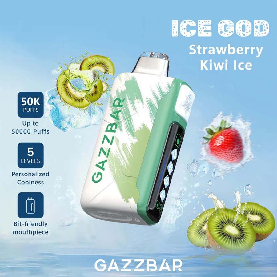 Gazzbar Ice God 50000 puffs vape delivers up to 50,000 puffs with 5% nicotine, triple mesh coil, adjustable ice, airflow, and power. Features LED display, Type-C charging, and 20 unique flavors.