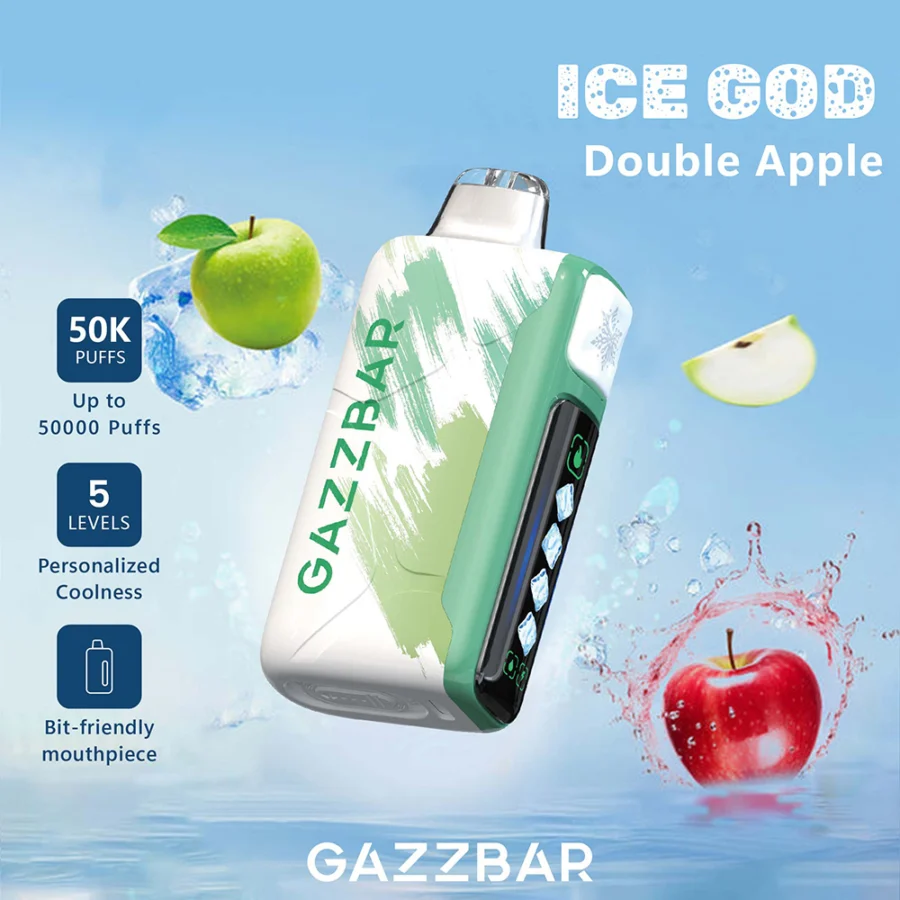 Gazzbar Ice God 50000 puffs vape delivers up to 50,000 puffs with 5% nicotine, triple mesh coil, adjustable ice, airflow, and power. Features LED display, Type-C charging, and 20 unique flavors.