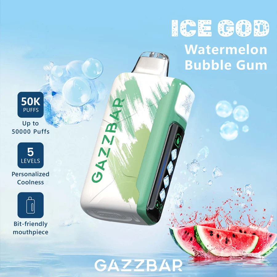 Gazzbar Ice God 50000 puffs vape delivers up to 50,000 puffs with 5% nicotine, triple mesh coil, adjustable ice, airflow, and power. Features LED display, Type-C charging, and 20 unique flavors.