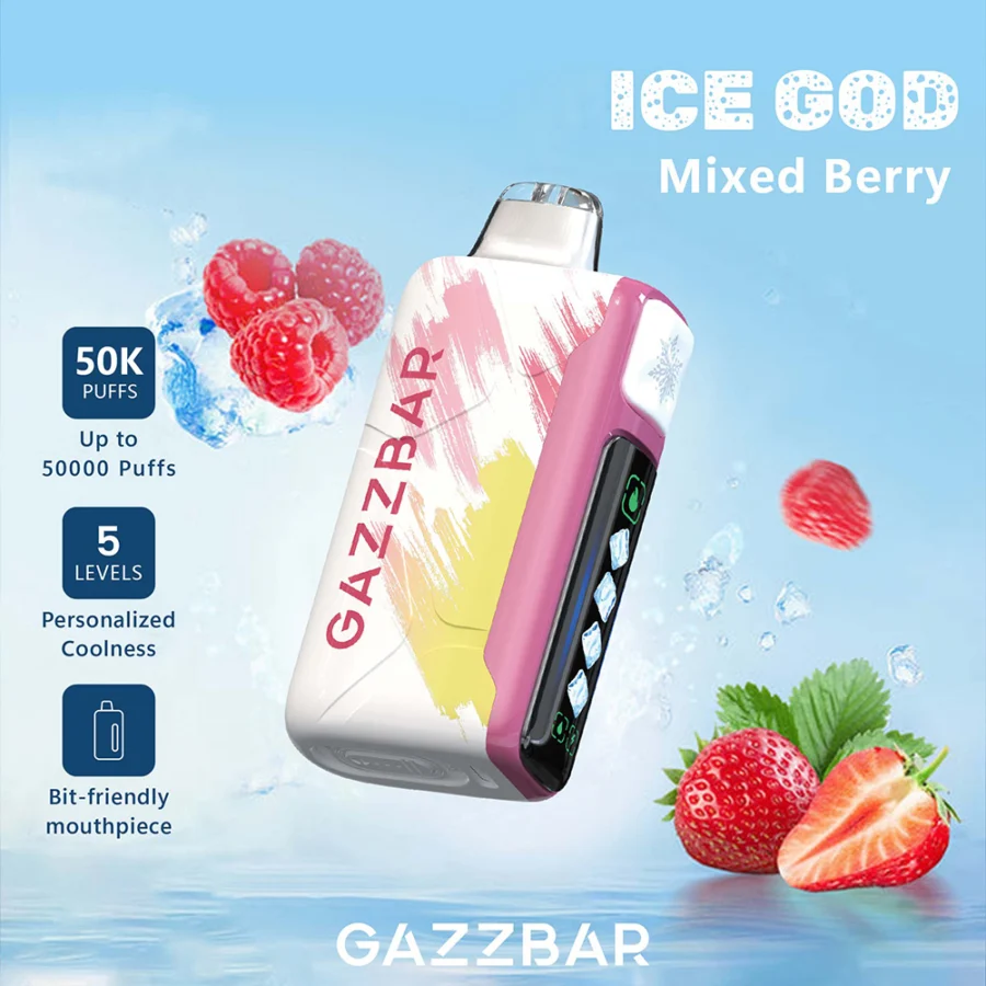 Gazzbar Ice God 50000 puffs vape delivers up to 50,000 puffs with 5% nicotine, triple mesh coil, adjustable ice, airflow, and power. Features LED display, Type-C charging, and 20 unique flavors.