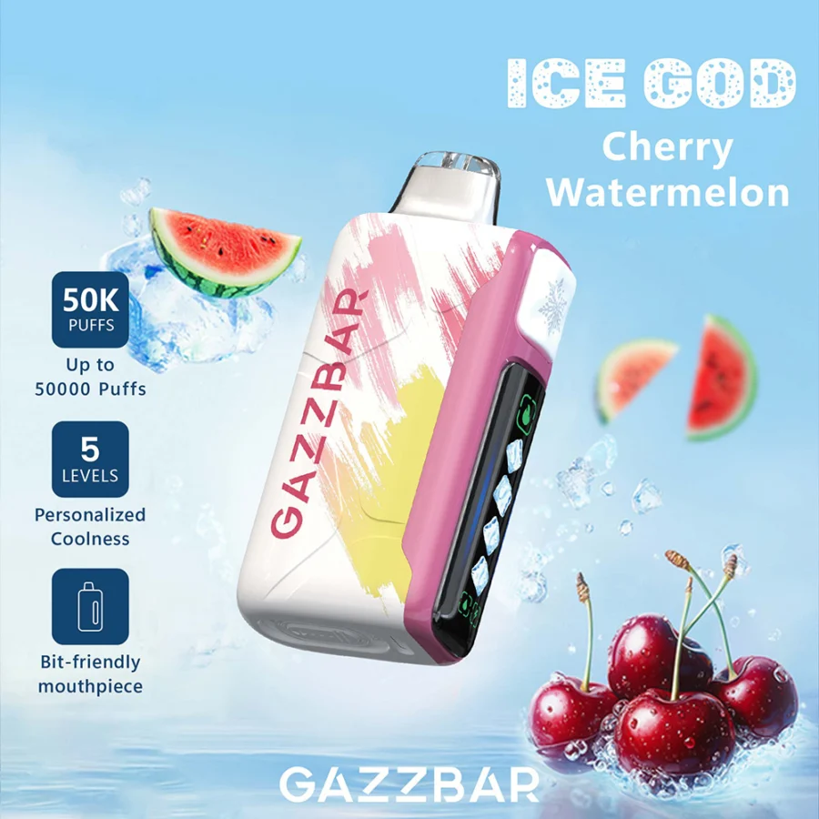 Gazzbar Ice God 50000 puffs vape delivers up to 50,000 puffs with 5% nicotine, triple mesh coil, adjustable ice, airflow, and power. Features LED display, Type-C charging, and 20 unique flavors.