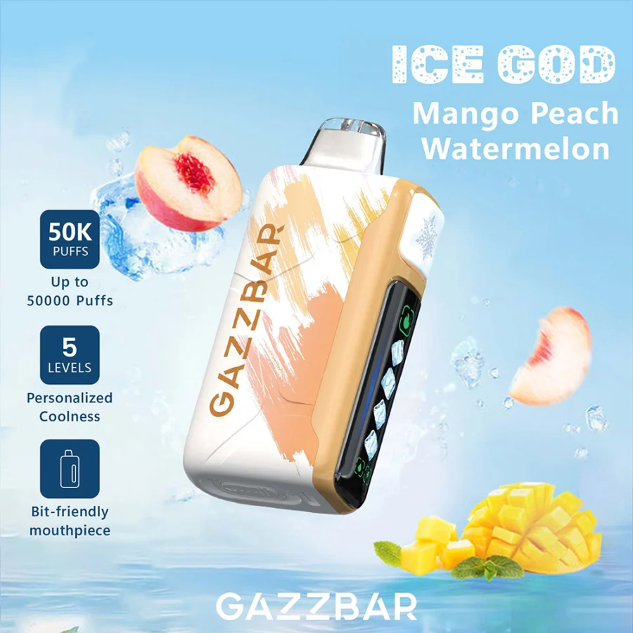 Gazzbar Ice God 50000 puffs vape delivers up to 50,000 puffs with 5% nicotine, triple mesh coil, adjustable ice, airflow, and power. Features LED display, Type-C charging, and 20 unique flavors.