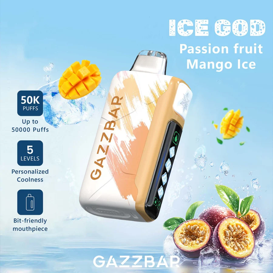 Gazzbar Ice God 50000 puffs vape delivers up to 50,000 puffs with 5% nicotine, triple mesh coil, adjustable ice, airflow, and power. Features LED display, Type-C charging, and 20 unique flavors.