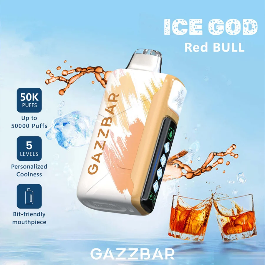 Gazzbar Ice God 50000 puffs vape delivers up to 50,000 puffs with 5% nicotine, triple mesh coil, adjustable ice, airflow, and power. Features LED display, Type-C charging, and 20 unique flavors.