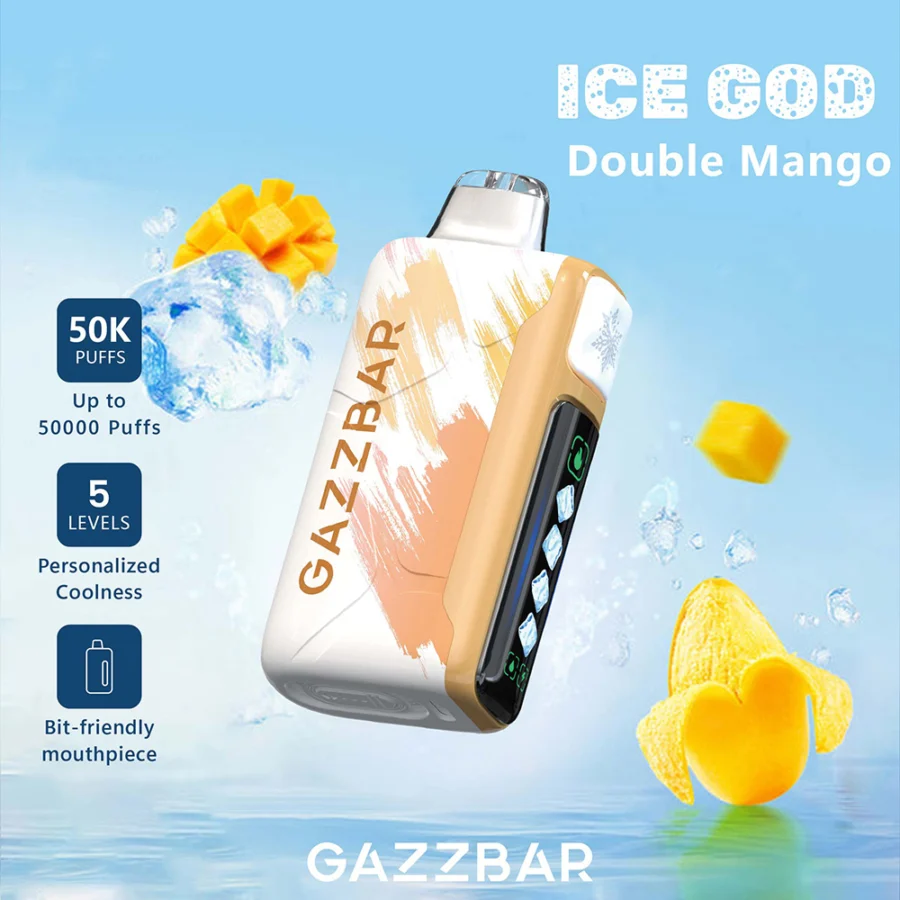 Gazzbar Ice God 50000 puffs vape delivers up to 50,000 puffs with 5% nicotine, triple mesh coil, adjustable ice, airflow, and power. Features LED display, Type-C charging, and 20 unique flavors.