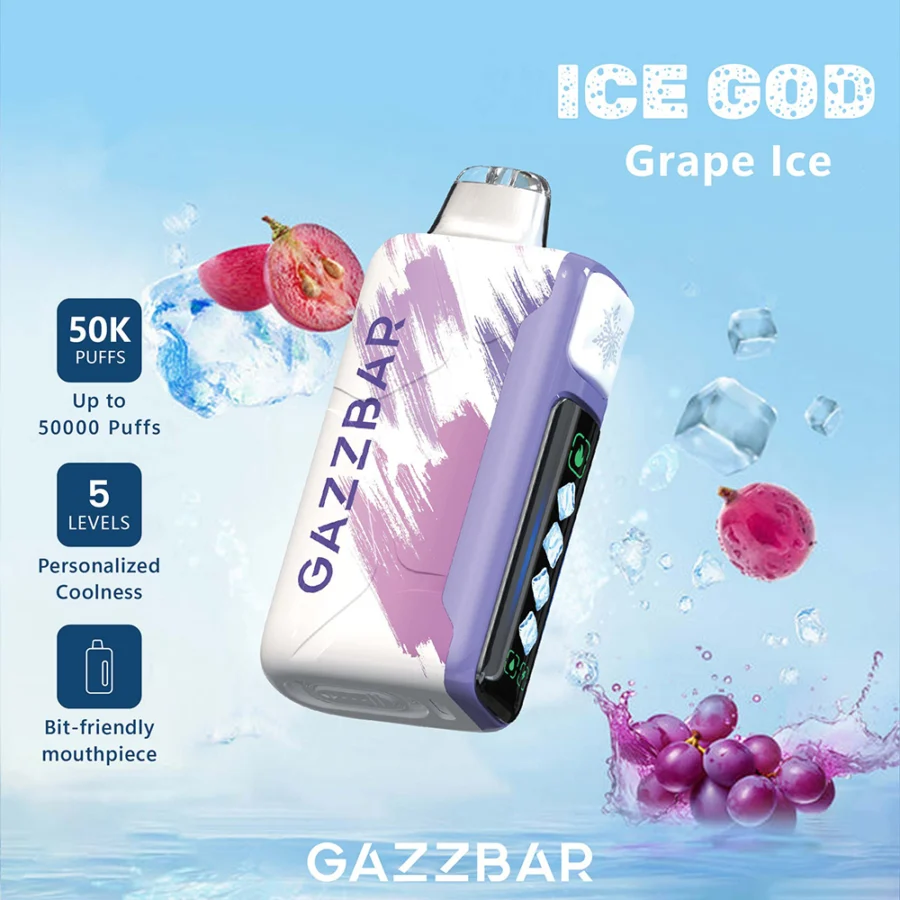 Gazzbar Ice God 50000 puffs vape delivers up to 50,000 puffs with 5% nicotine, triple mesh coil, adjustable ice, airflow, and power. Features LED display, Type-C charging, and 20 unique flavors.