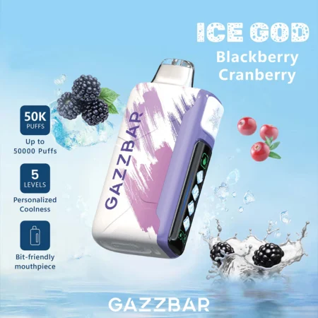 Le vapoteur Gazzbar Ice God 50 000 bouffées offre jusqu'à 50 000 bouffées grâce à son taux de nicotine 5%, sa résistance triple mesh, ses réglages de glace, de flux d'air et de puissance. Il est équipé d'un écran LED, d'un chargeur Type-C et de 20 saveurs uniques.