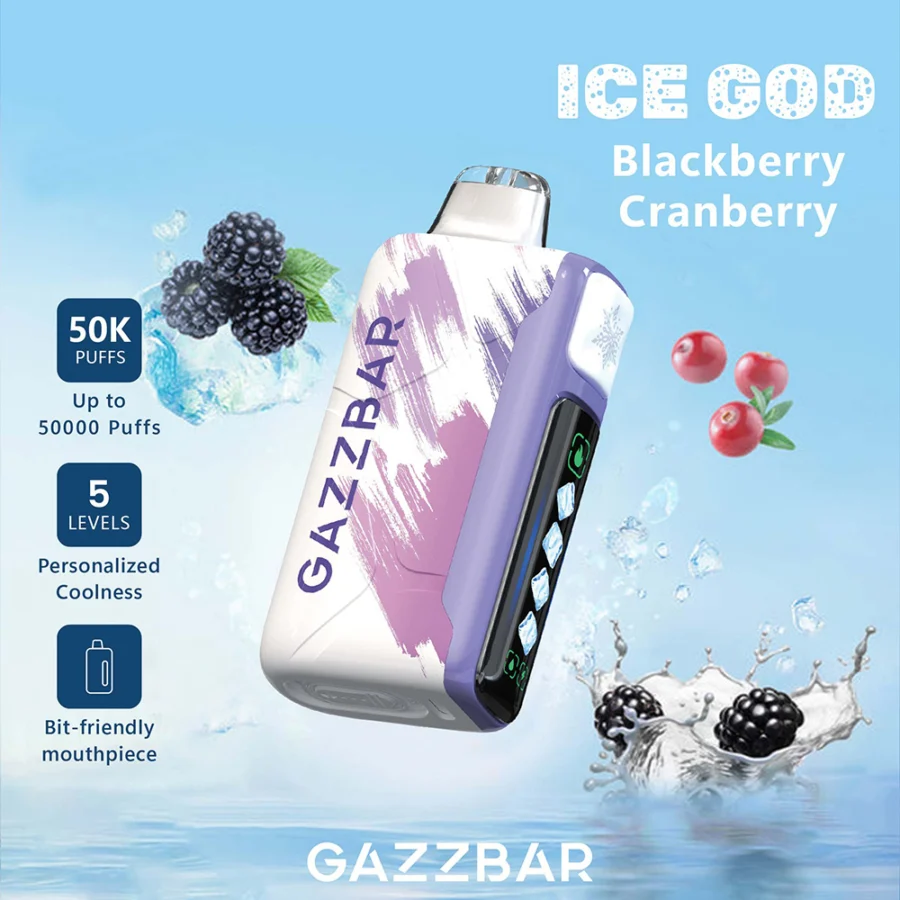 Gazzbar Ice God 50000 puffs vape delivers up to 50,000 puffs with 5% nicotine, triple mesh coil, adjustable ice, airflow, and power. Features LED display, Type-C charging, and 20 unique flavors.