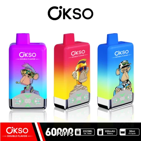 OKSO Double Flavor 60000 Puffs Vape features 50mL e-liquid, dual mesh coils, double flavor system, LED screen, Type-C charging, and 2% / 3% / 5% nicotine options.