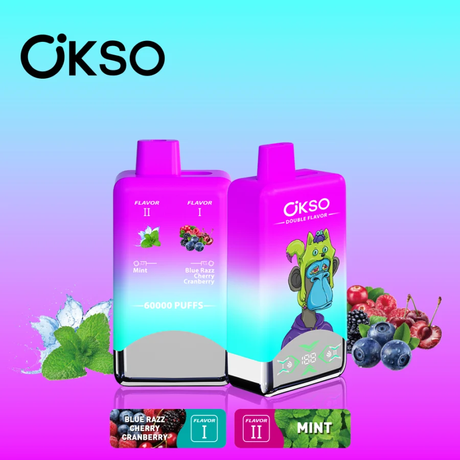 OKSO Double Flavor 60000 Puffs Vape features 50mL e-liquid, dual mesh coils, double flavor system, LED screen, Type-C charging, and 2% / 3% / 5% nicotine options.