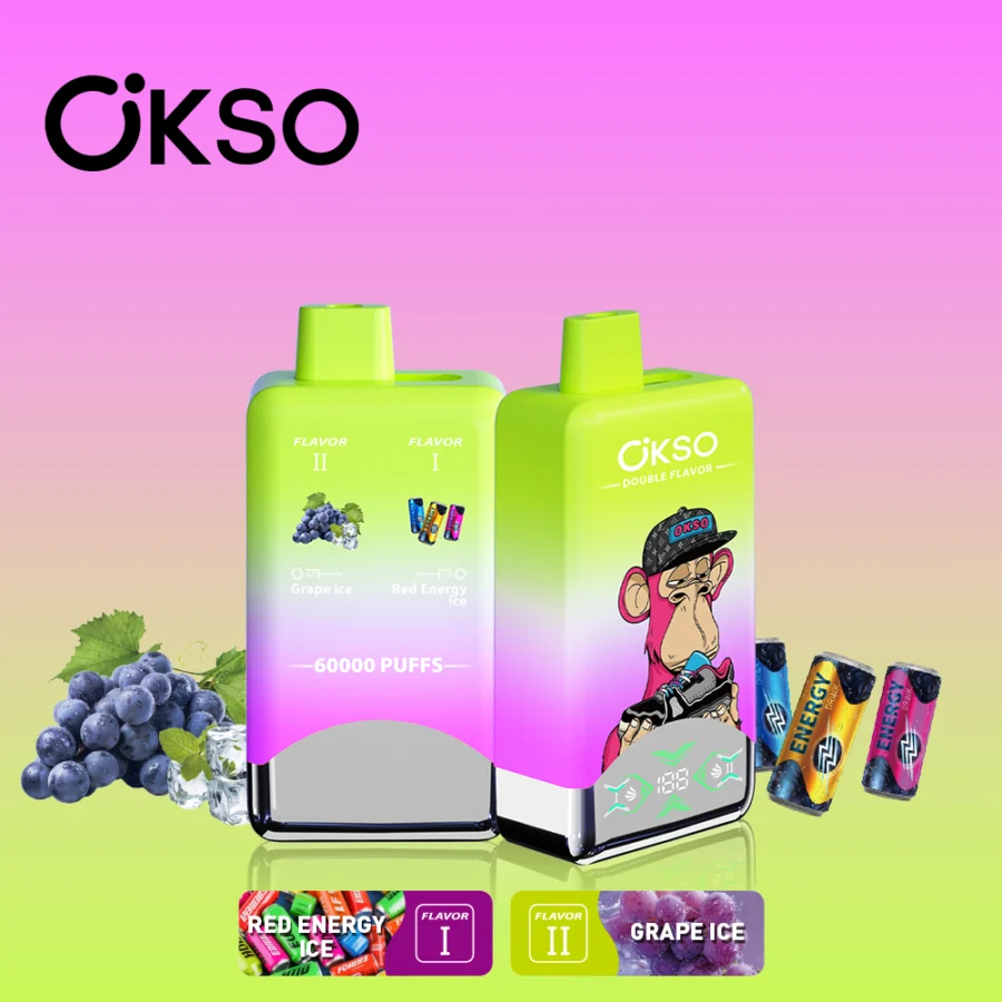 OKSO Double Flavor 60000 Puffs Vape features 50mL e-liquid, dual mesh coils, double flavor system, LED screen, Type-C charging, and 2% / 3% / 5% nicotine options.