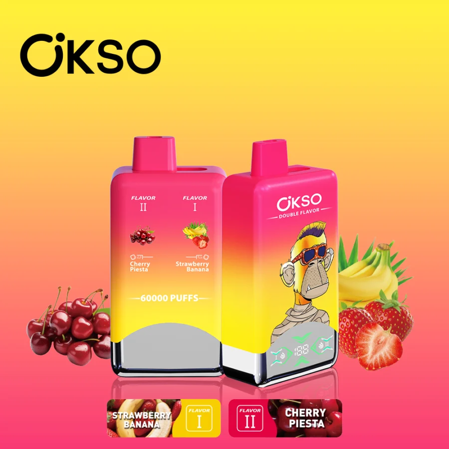 OKSO Double Flavor 60000 Puffs Vape features 50mL e-liquid, dual mesh coils, double flavor system, LED screen, Type-C charging, and 2% / 3% / 5% nicotine options.