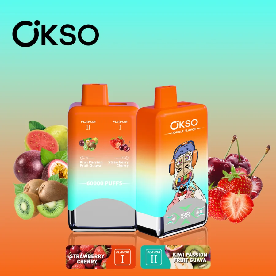 OKSO Double Flavor 60000 Puffs Vape features 50mL e-liquid, dual mesh coils, double flavor system, LED screen, Type-C charging, and 2% / 3% / 5% nicotine options.