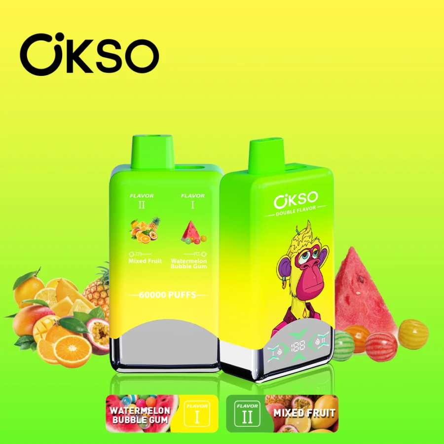 OKSO Double Flavor 60000 Puffs Vape features 50mL e-liquid, dual mesh coils, double flavor system, LED screen, Type-C charging, and 2% / 3% / 5% nicotine options.