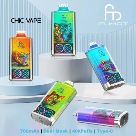 RandM Fumot Leopard 40K Puffs Vape features dual mesh coils, RGB lights, digital display, 750mAh battery, Type-C charging, and 16 flavors for long-lasting, flavorful vaping.