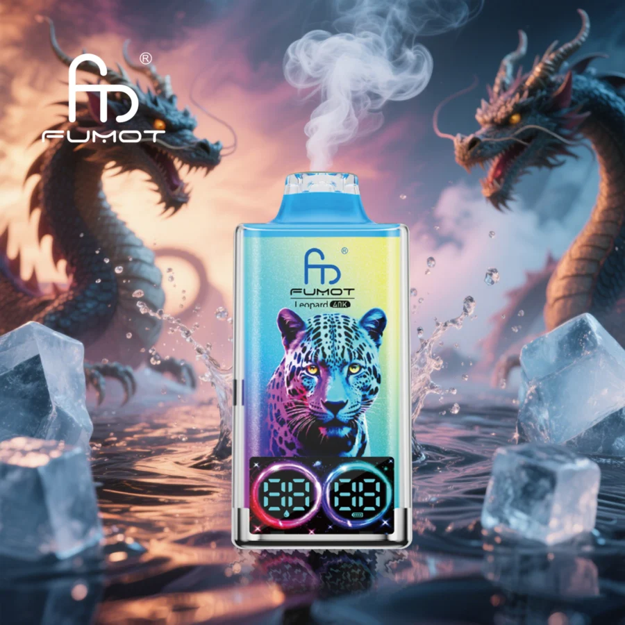 RandM Fumot Leopard 40K Puffs Vape features dual mesh coils, RGB lights, digital display, 750mAh battery, Type-C charging, and 16 flavors for long-lasting, flavorful vaping.