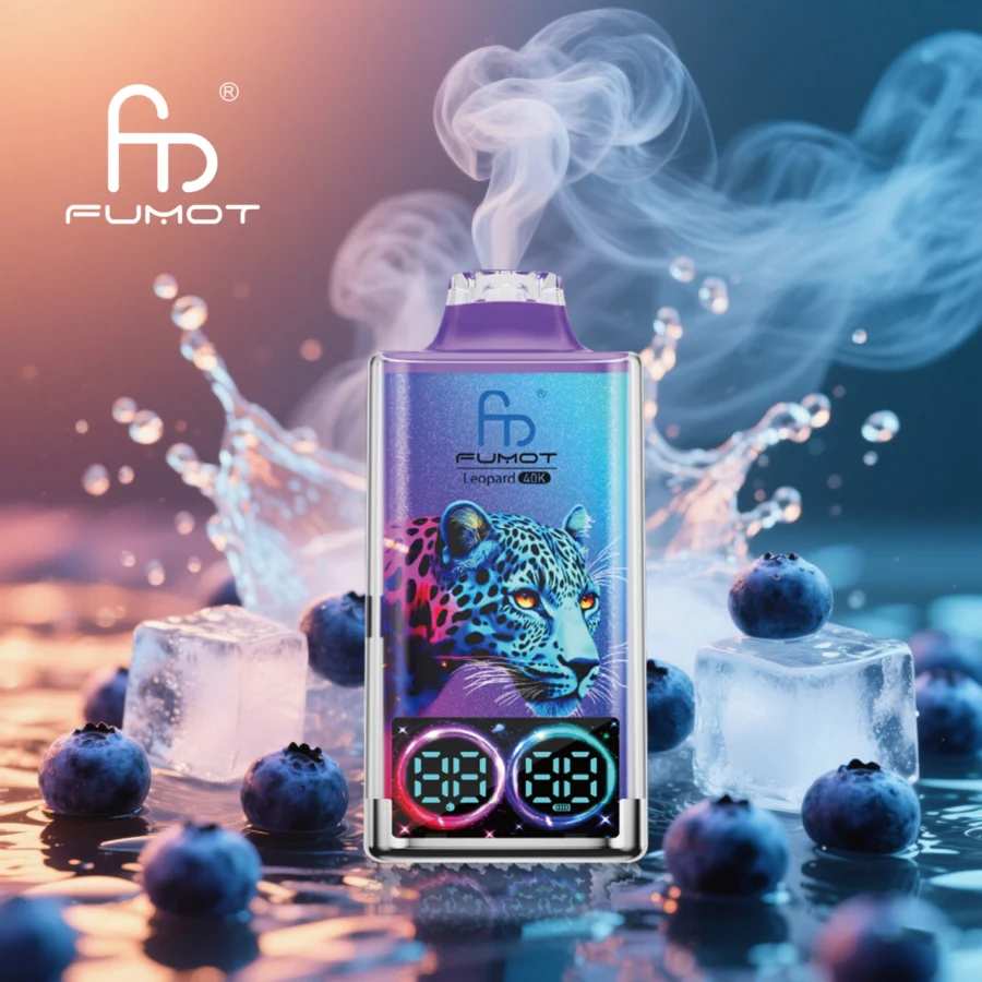 RandM Fumot Leopard 40K Puffs Vape features dual mesh coils, RGB lights, digital display, 750mAh battery, Type-C charging, and 16 flavors for long-lasting, flavorful vaping.